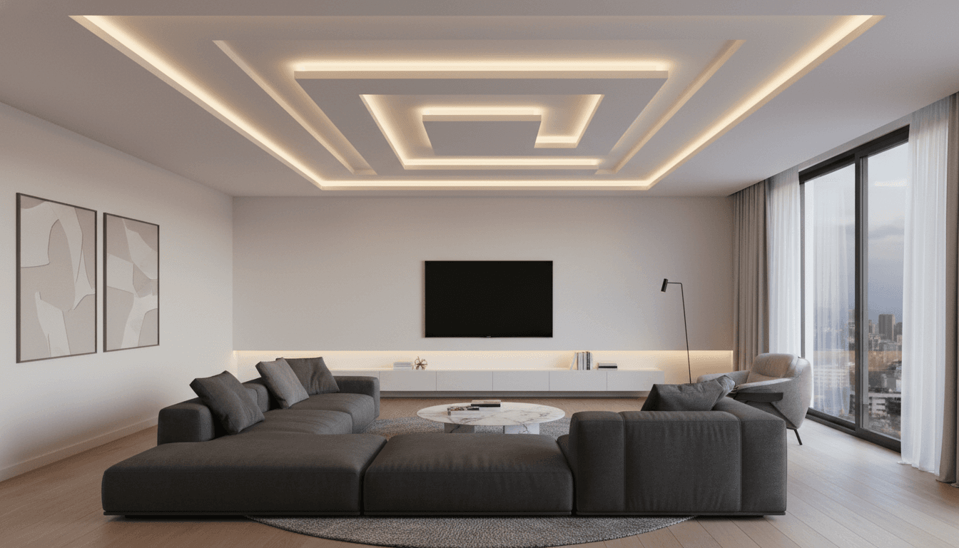 Modern asma tavan ve salon dekorasyonu uygulaması